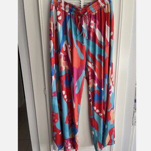 Women’s Plus 2XL Vibrant Wide Leg Pattern Casual Drawstring Pants Blue Pink Soft